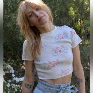 Women's White Bicycle Print Crop Top